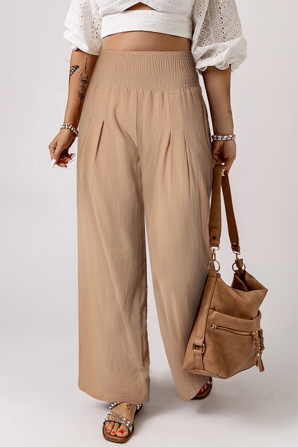 Smocked High Waist Wide Leg Pants-Mope's Closet