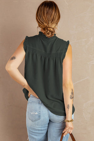 Buttoned Frill Trim Smocked Sleeveless Blouse-Mope's Closet