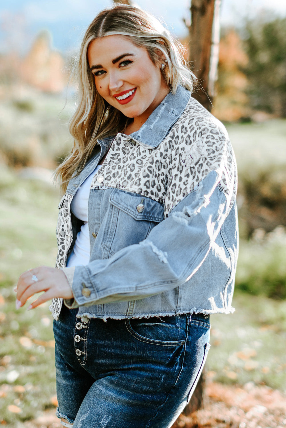 Plus Size Leopard Raw Hem Distressed Spliced Denim Jacket-Mope's Closet