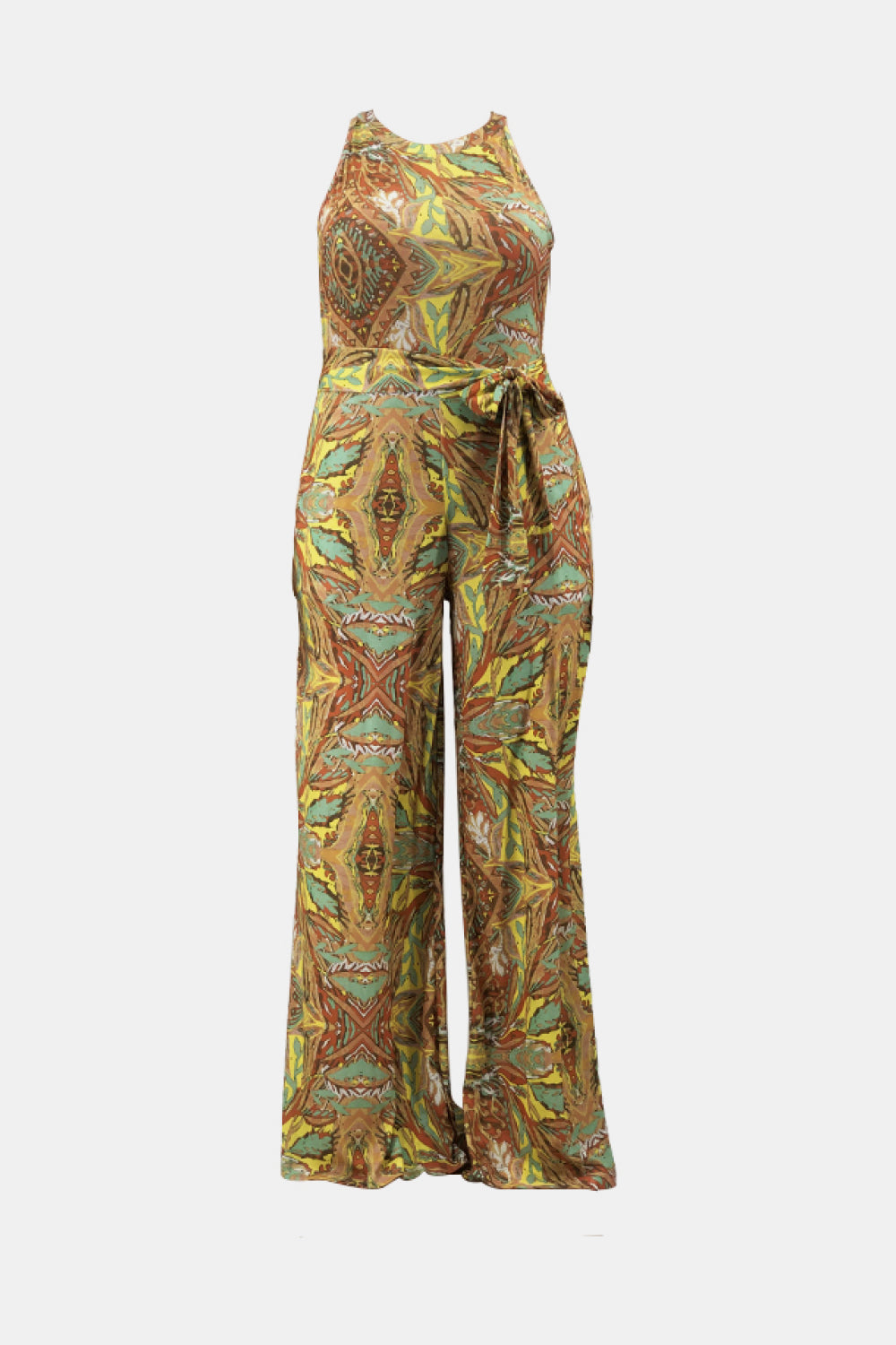 Plus Size Printed Tie Waist Jumpsuit with Pockets-Mope's Closet