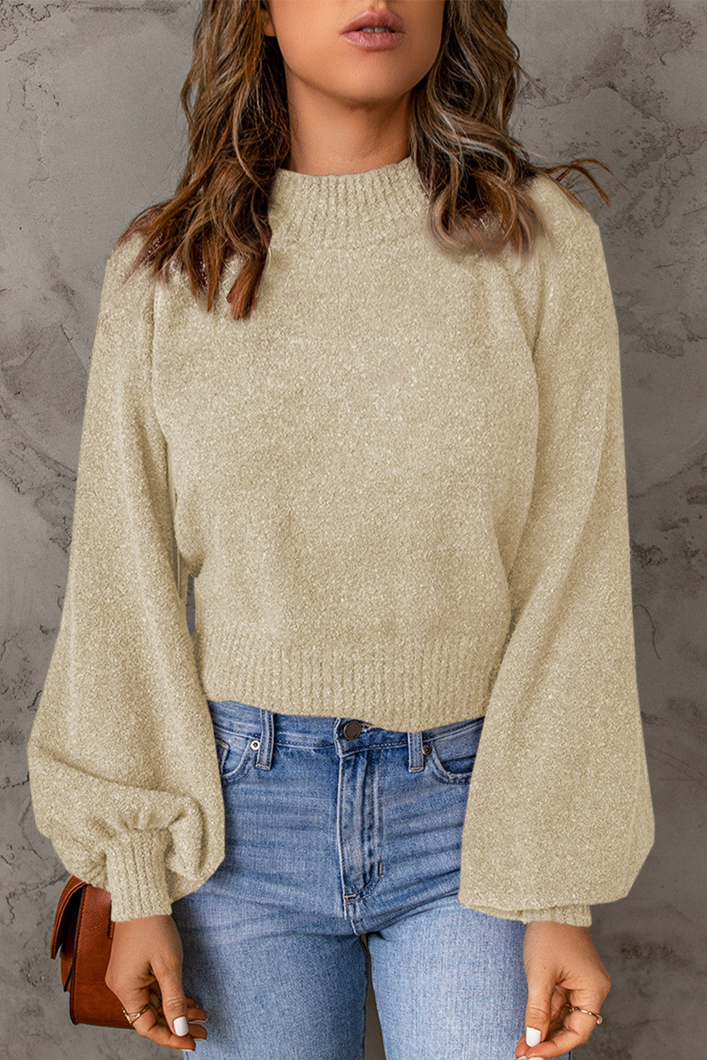 Ribbed Trim Balloon Sleeve Sweater-Mope's Closet