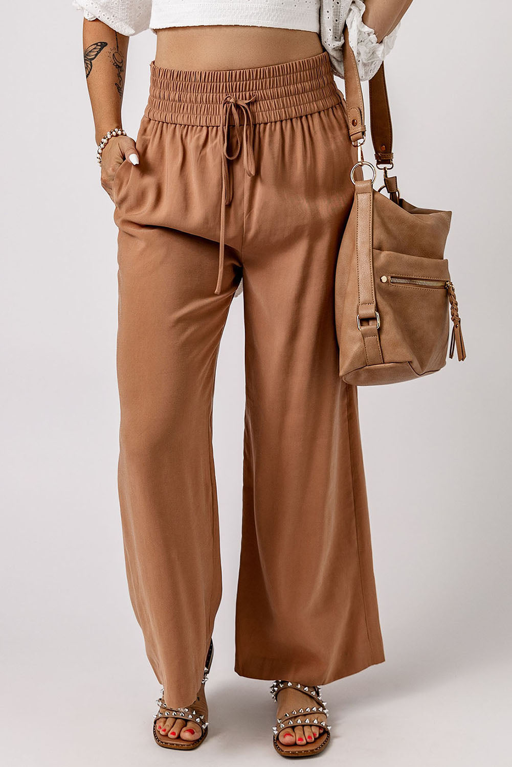 Drawstring Smocked Waist Wide Leg Pants-Mope's Closet