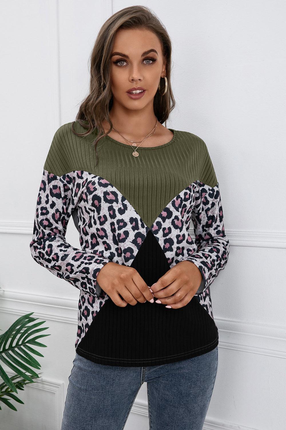 Leopard Patch Color Block Knit Top-Mope's Closet