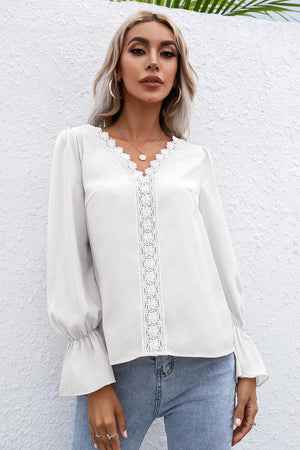 Lace Trim Flounce Sleeve Blouse-Mope's Closet