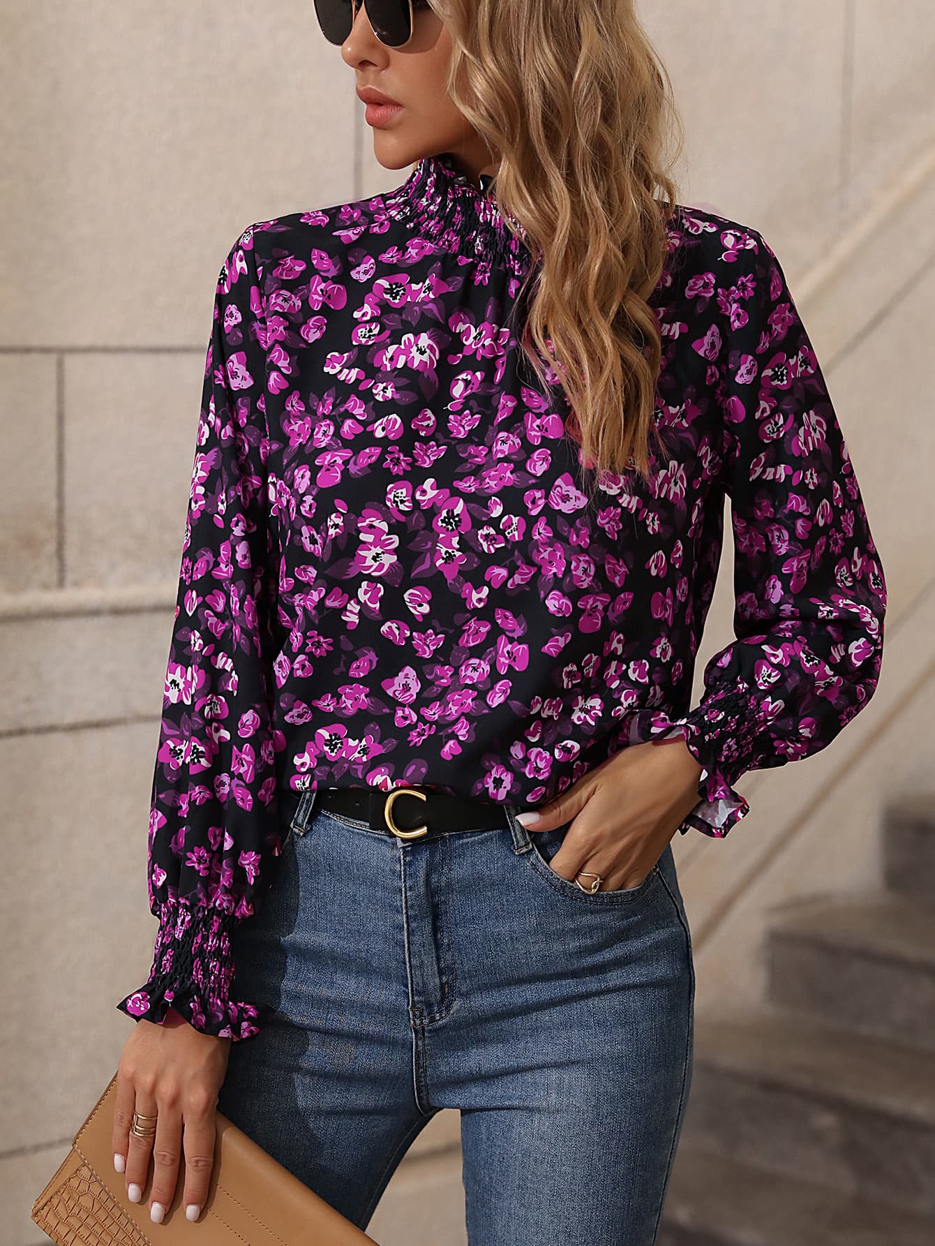 Floral Smocked Frill Neck Blouse-Mope's Closet