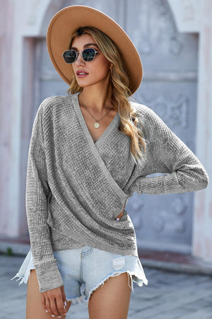 V Neck Wrap Front Knitted Top-Mope's Closet