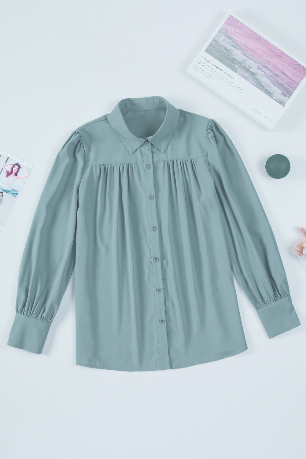 Gathered Detail Puff Sleeve Shirt-Mope's Closet