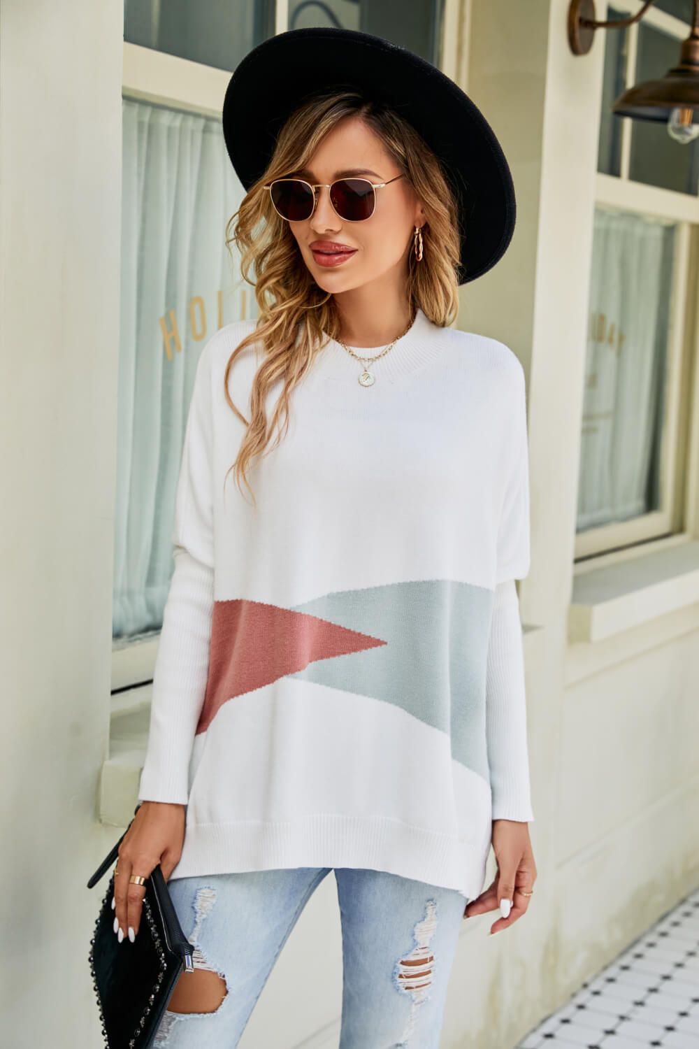 Color Block Round Neck Side Slit Sweater-Mope's Closet