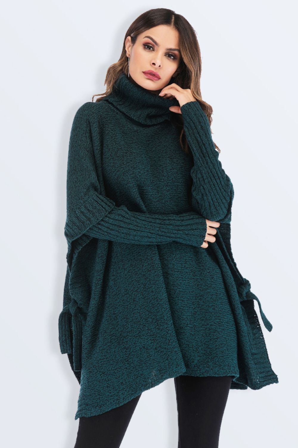 Tied Turtleneck Asymmetrical Hem Sweater-Mope's Closet