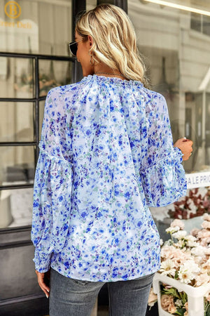 Floral Tie Neck Lantern Sleeve Blouse-Mope's Closet