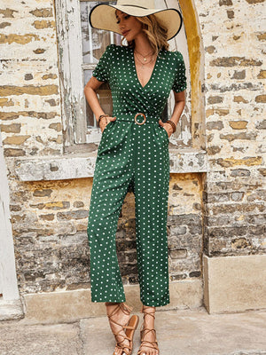 Polka Dot Belted Flounce Sleeve Jumpsuit with Pockets-Mope's Closet