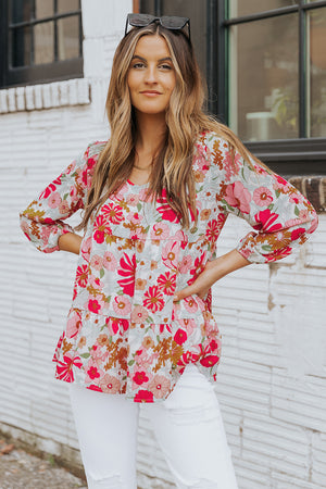 Floral V-Neck Tiered Babydoll Blouse-Mope's Closet