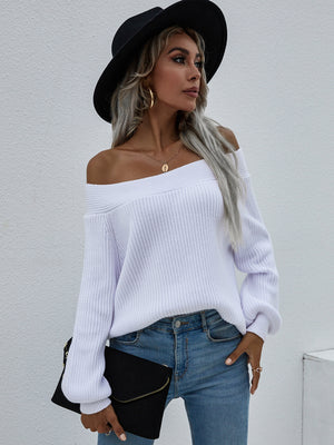 Off-Shoulder Rib-Knit Sweater-Mope's Closet