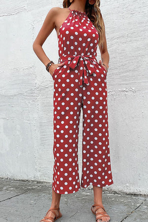 Polka Dot Grecian Wide Leg Jumpsuit-Mope's Closet