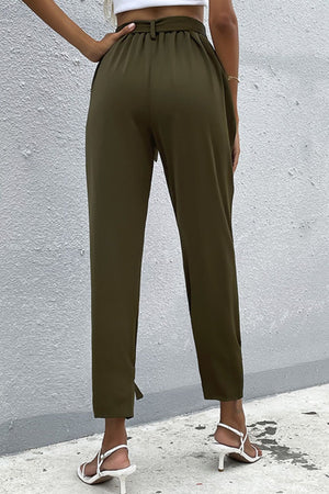 Tie Detail Belted Pants with Pockets-Mope's Closet