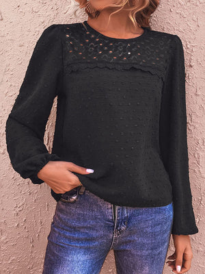 Swiss Dot Lace Trim Long Sleeve Blouse-Mope's Closet