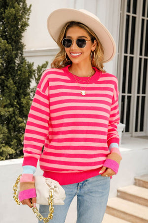 Warm Spice Striped Round Neck Sweater-Mope's Closet