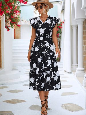 Floral Frill Trim V-Neck Tiered Midi Dress-Mope's Closet