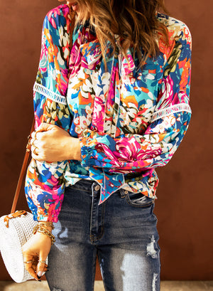 Floral Tie Neck Balloon Sleeve Top-Mope's Closet