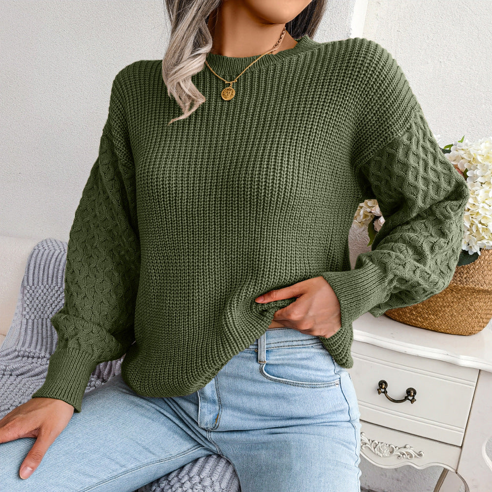 Mixed Knit Round Neck Dropped Shoulder Sweater-Mope's Closet