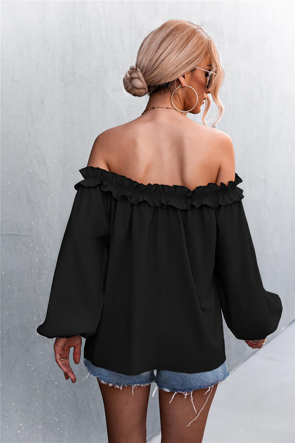 Frill Trim Off-Shoulder Balloon Sleeve Top-Mope's Closet