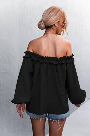 Frill Trim Off-Shoulder Balloon Sleeve Top-Mope's Closet