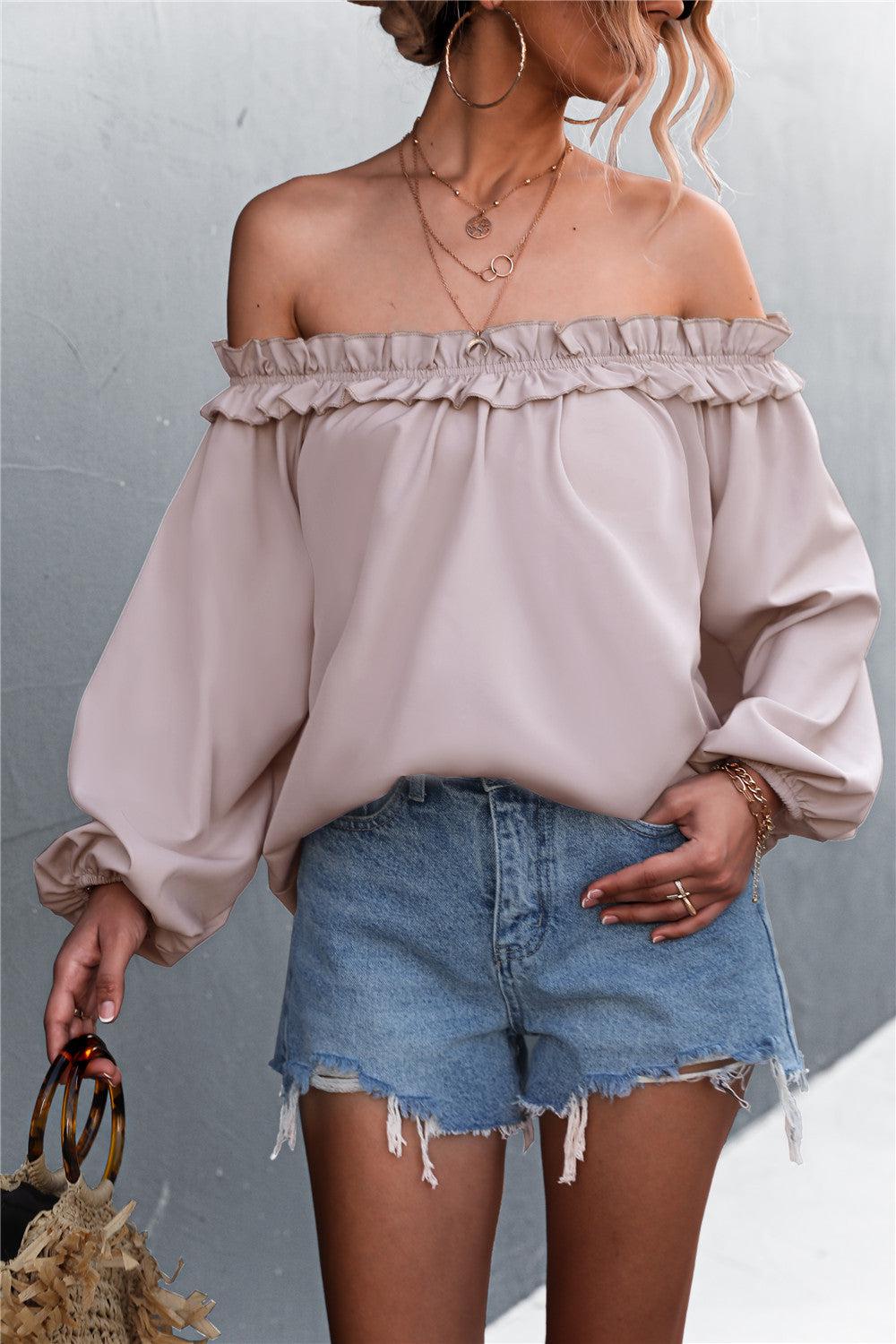 Frill Trim Off-Shoulder Balloon Sleeve Top-Mope's Closet