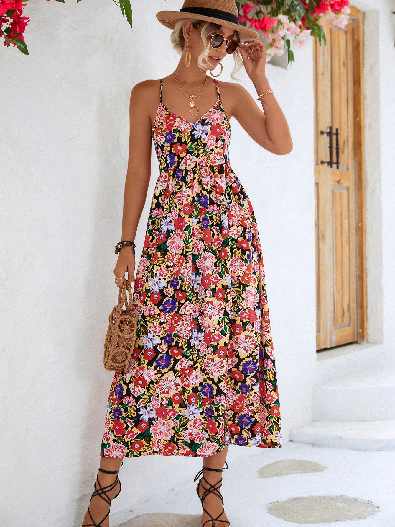 Floral Crisscross Backless Split Dress-Mope's Closet