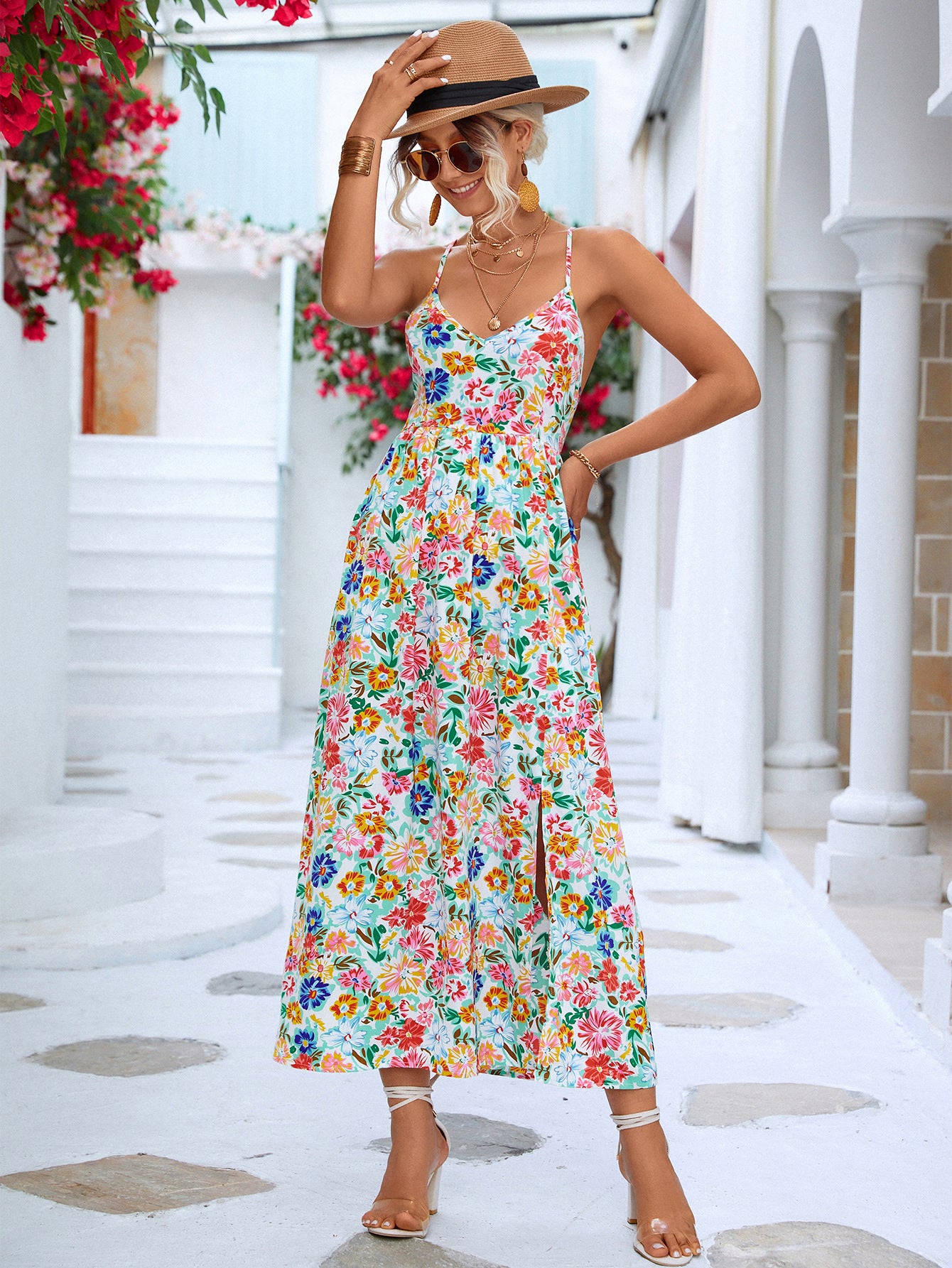 Floral Crisscross Backless Split Dress-Mope's Closet