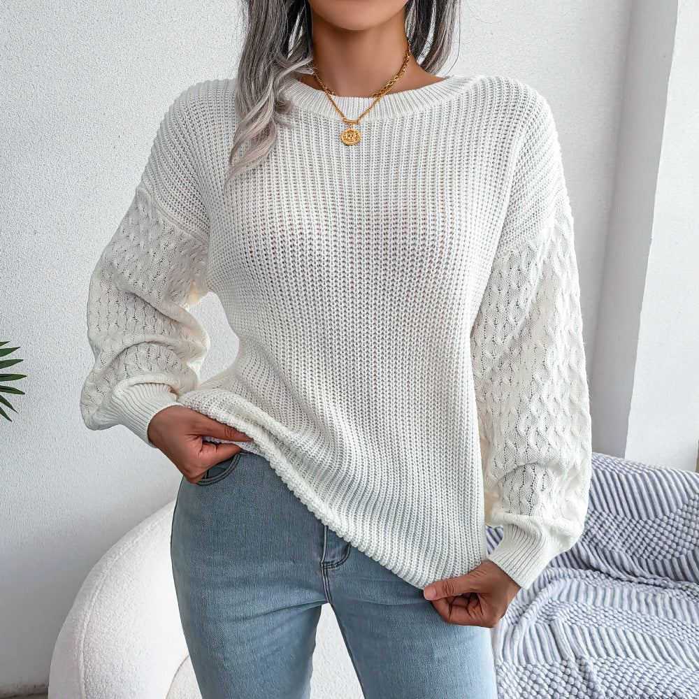 Mixed Knit Round Neck Dropped Shoulder Sweater-Mope's Closet