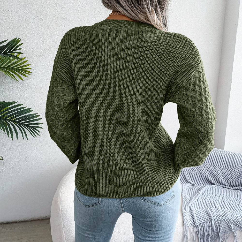 Mixed Knit Round Neck Dropped Shoulder Sweater-Mope's Closet