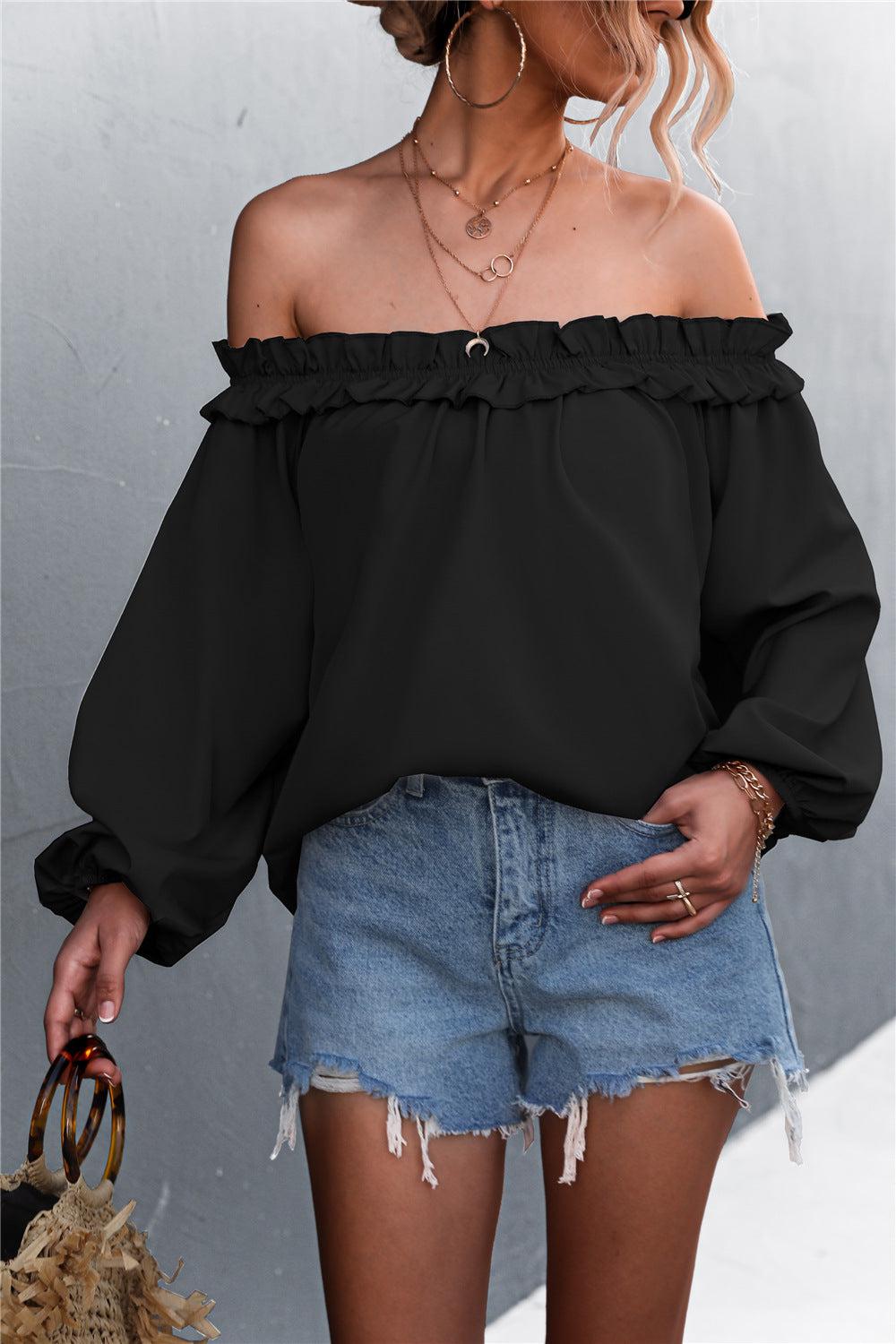 Frill Trim Off-Shoulder Balloon Sleeve Top-Mope's Closet