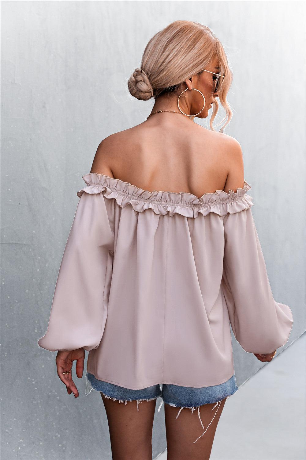 Frill Trim Off-Shoulder Balloon Sleeve Top-Mope's Closet