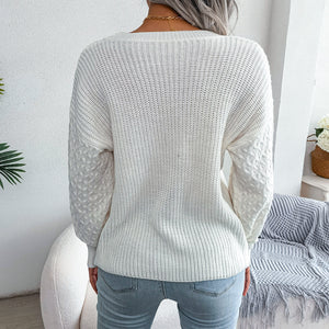 Mixed Knit Round Neck Dropped Shoulder Sweater-Mope's Closet