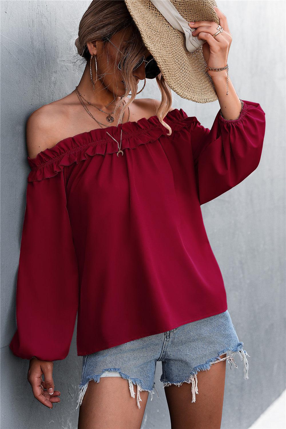 Frill Trim Off-Shoulder Balloon Sleeve Top-Mope's Closet