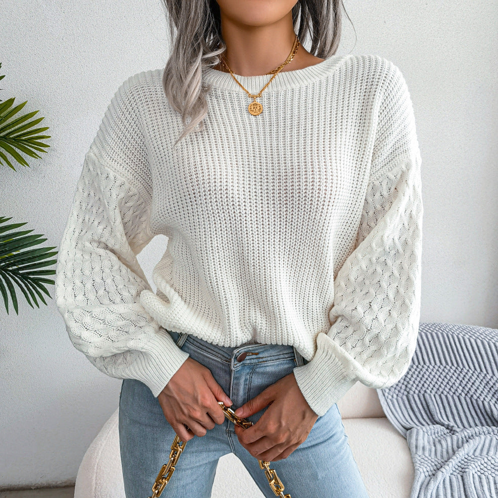 Mixed Knit Round Neck Dropped Shoulder Sweater-Mope's Closet