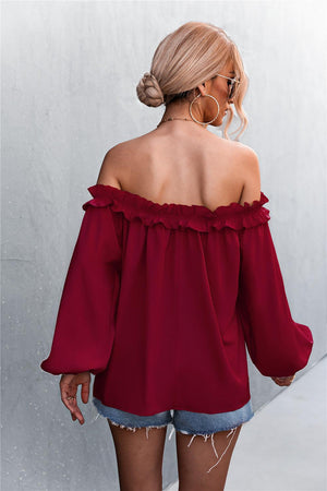 Frill Trim Off-Shoulder Balloon Sleeve Top-Mope's Closet