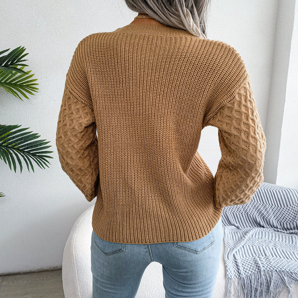 Mixed Knit Round Neck Dropped Shoulder Sweater-Mope's Closet