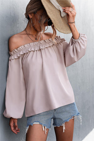 Frill Trim Off-Shoulder Balloon Sleeve Top-Mope's Closet