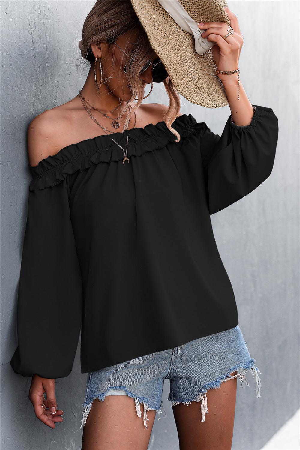 Frill Trim Off-Shoulder Balloon Sleeve Top-Mope's Closet