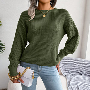 Mixed Knit Round Neck Dropped Shoulder Sweater-Mope's Closet