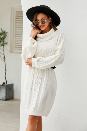 Mixed Knit Turtleneck Lantern Sleeve Sweater Dress-Mope's Closet