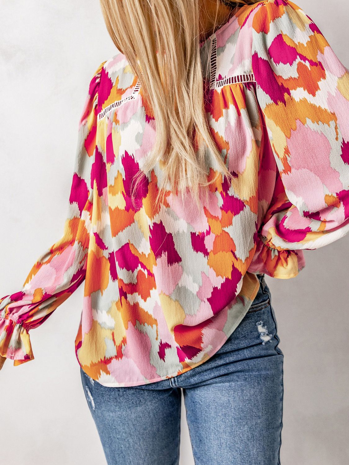 Printed Flounce Sleeve Buttoned Blouse-Mope's Closet