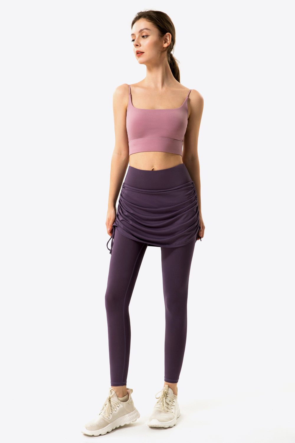 Drawstring Ruched Faux Layered Yoga Leggings-Mope's Closet