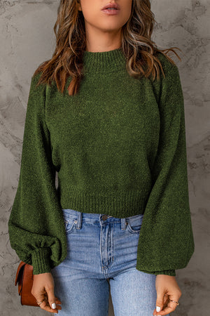 Ribbed Trim Balloon Sleeve Sweater-Mope's Closet