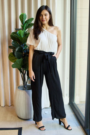 Dress Day Marvelous in Manhattan One-Shoulder Jumpsuit in White/Black-Mope's Closet