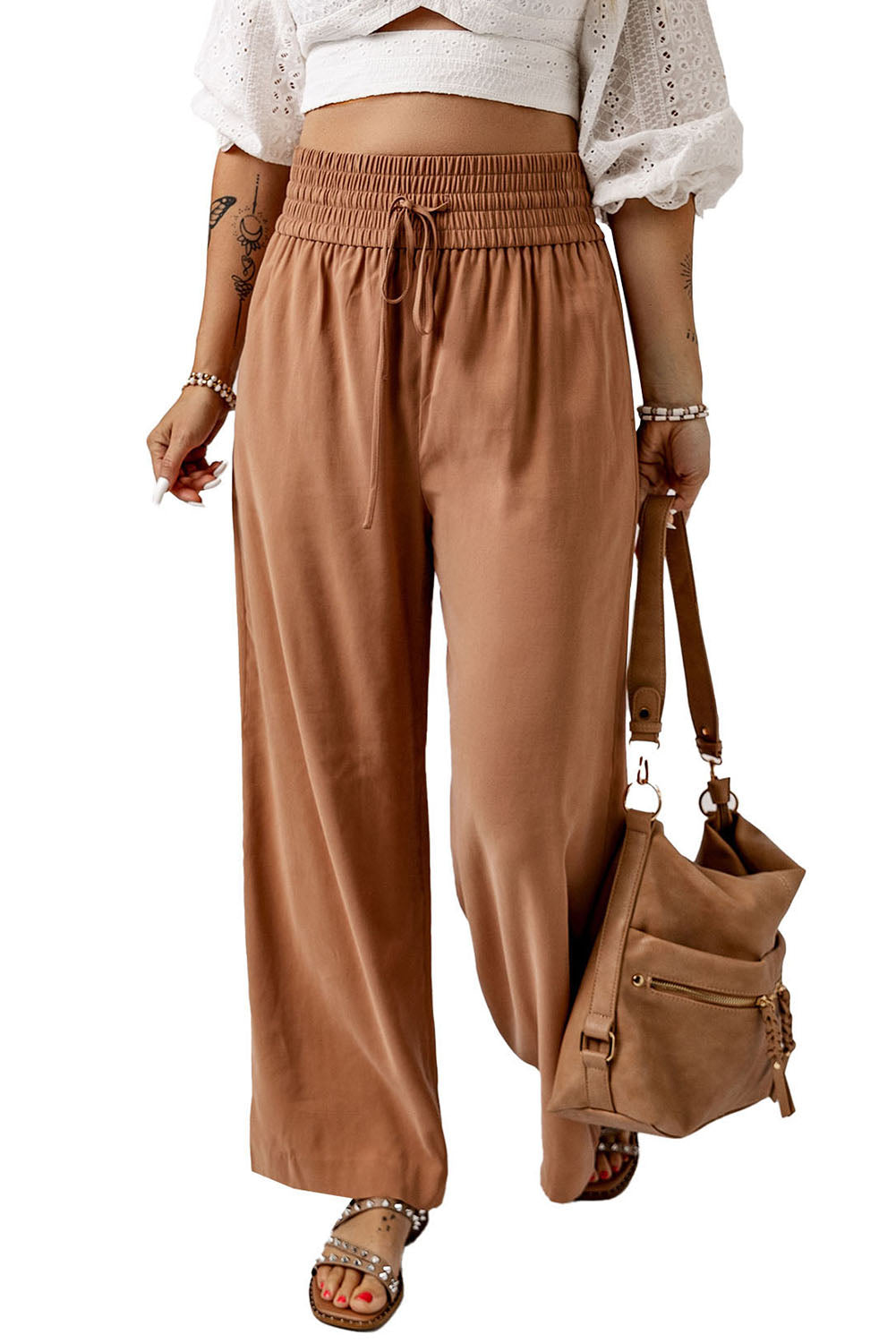 Drawstring Smocked Waist Wide Leg Pants-Mope's Closet