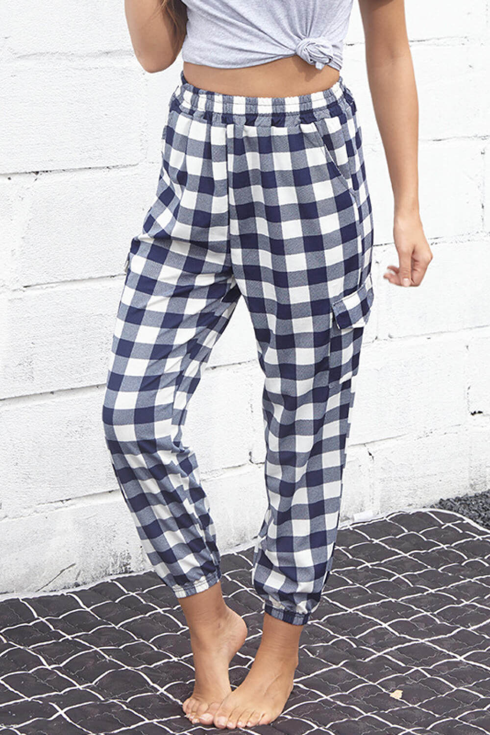 Plaid Elastic High Waist Cargo Pants-Mope's Closet