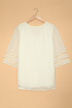 Swiss Dot Spliced Mesh Flare Sleeve Blouse-Mope's Closet