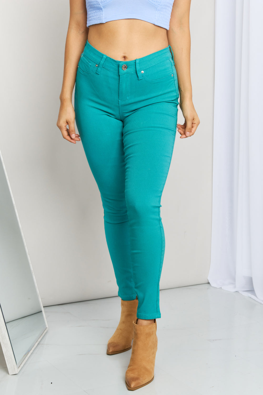 YMI Jeanswear Kate Hyper-Stretch Mid-Rise Skinny Jeans in Sea Green-Mope's Closet